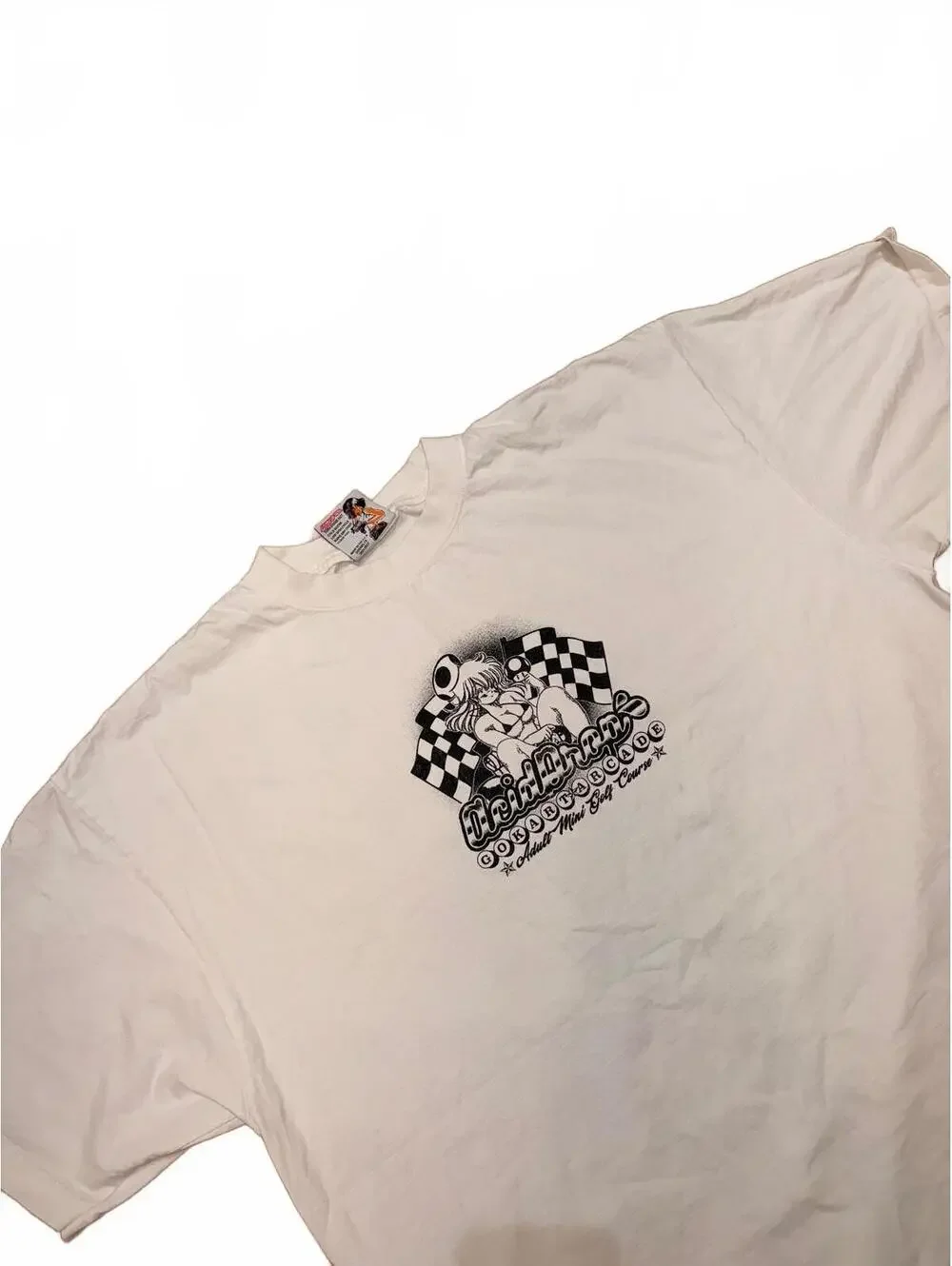 Vintage Acid Drops Go-Kart Arcade T-Shirt Checkered Flag Pin-Up Graphic White